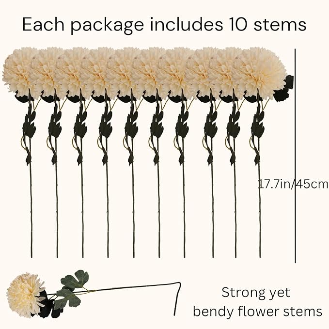 Large Kiku Flower Beige 10 Stems, Silk Flowers Bulk Boho Bouquet, Large Artificial Flowers, Tall Flowers With Long Stems, Realistic faux flowers Neutral Home Decor, Flores Artificiales Para Decoracion-Ruum Studio Home