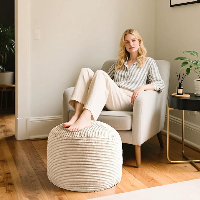 Round Stuffed Pouf Ottoman, Foot Stools Ottoman,Corduroy Poufs with Foam Chunk Filling, Furry and Fluffy Storage Ottomans, 20 X 15 Floor Poufs Foot Rest for Living Room-Ruum Studio Home