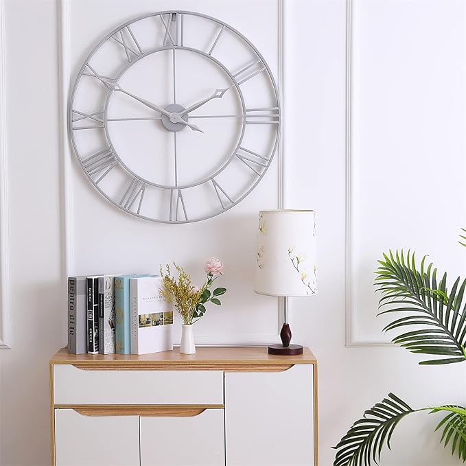 CLXEAST Large Modern 30 Inch Wall Clock Silver, Oversized Big Roman Numeral Metal Wall Clocks for Living Room Decor, Home Office-Ruum Studio Home