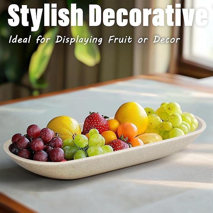 Large Decorative Bowl for Home Decor - Long Dough Bowl with Anti Slip Base for Table Centerpieces - Beige Minimalist Design Dough Decor Bowl for Coffee Table, Dining Table Centerpiece-Ruum Studio Home