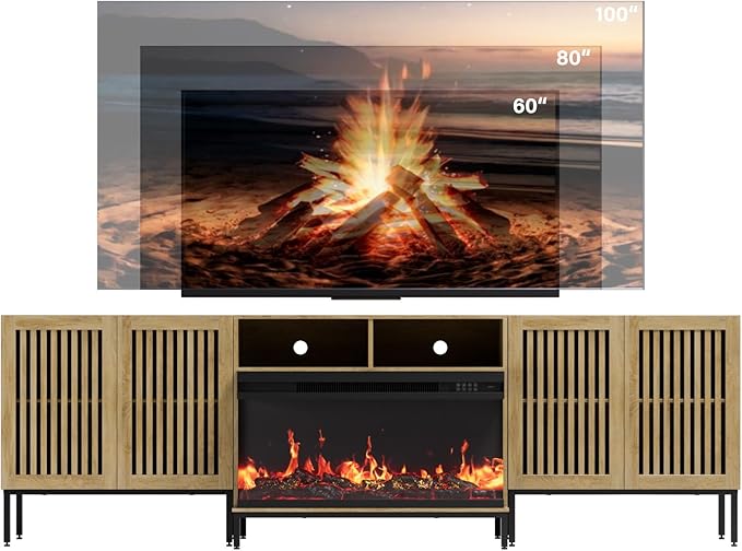 3-Sided Glass Farmhouse Fireplace TV Stand for TVs Up to 100 Inch, Entertainment Center with 36" Electric Fireplace, Oak TV Console with Storage Cabinets for Living Room-Ruum Studio Home