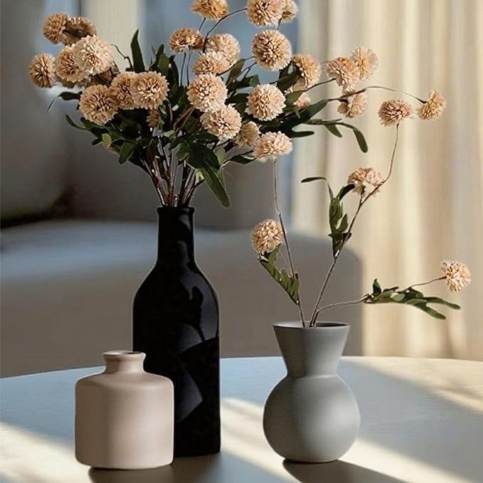 Fake Flowers in Vase for Centerpieces, Faux Flowers in Modern Ceramic Vase Set of 3 with 8 Artificial Autumn Chrysanthemums Home Decor-Ruum Studio Home