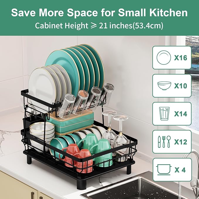 MOUKABAL Dish Drying Rack, 2 Tier Dish Rack, Large Dish Racks for Kitchen Counter, Dish Drainer with Removable Utensil Holder, Drainboard (Black)-Ruum Studio Home