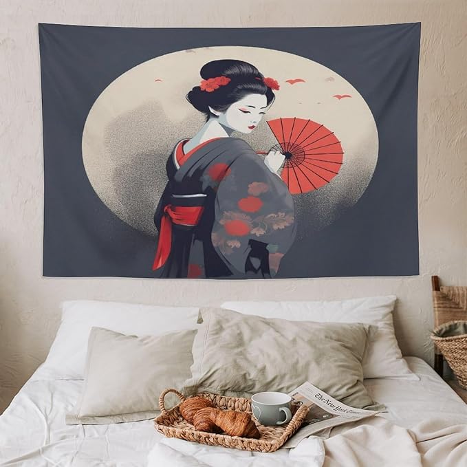 Japanese Woman Geisha Tapestry Asian Red Cherry Blossom Red Sun Traditional Kimono Folk Tapestries Home Decor for Living Room Bedroom Apartment Farmhouse Dorm 90"x60"-Ruum Studio Home