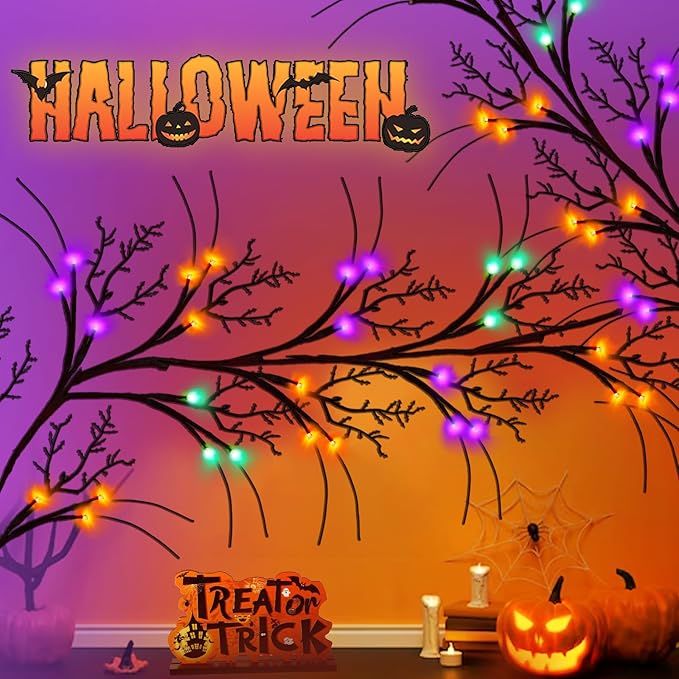 [ Timer & 8 Modes ] 6 Ft 54LED Halloween Willow Vine Twig Decor Branches Garland Decorations Orange ＆ Purple ＆ Green Lights -Battery Operated Garland for Indoor Wall Fireplace Halloween Decorations-Ruum Studio Home