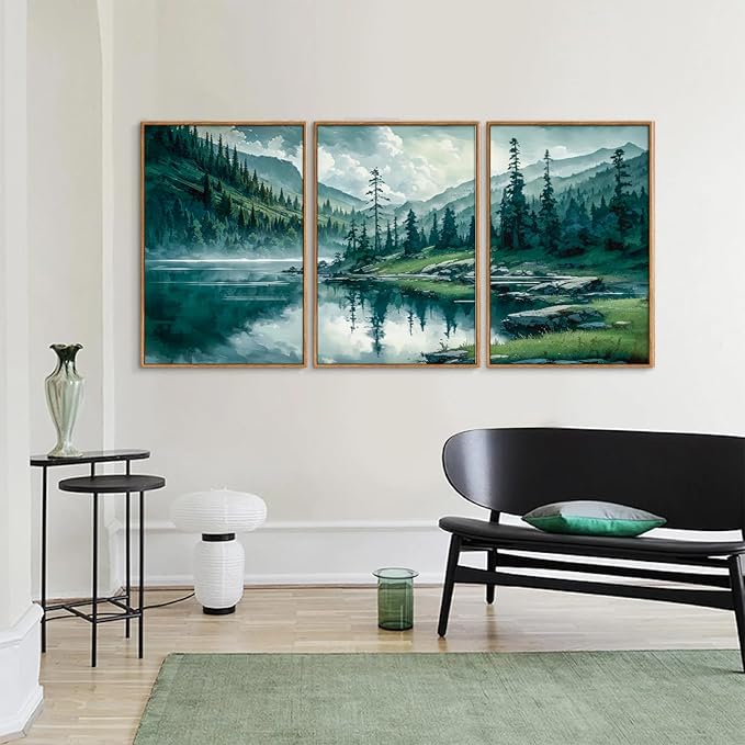 Tinonedraw Large Nature Forest Framed Canvas Wall Art Set, Boho Mountains Calming Lake Wall Decor, Green Pine Trees Artwork, Northern Wilderness Art Painting for Living Room Bedroom Office 16"x24"x3-Ruum Studio Home