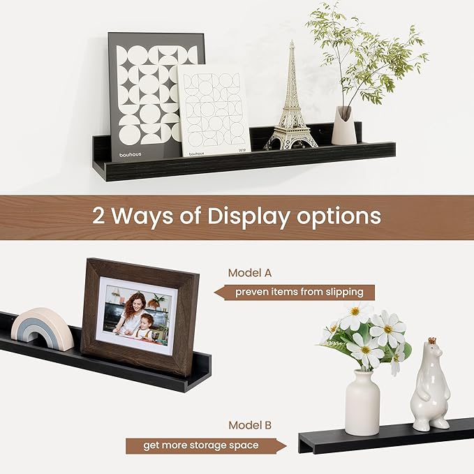 Picture Ledge Shelf, Solid Pine Wood Floating Shelves Set of 4, 16 Inches Nursery Book Shelves for Toys Storage, Kids Bookshelf Wall Mounted for Living Room Decor Photo Frames, Black-Ruum Studio Home