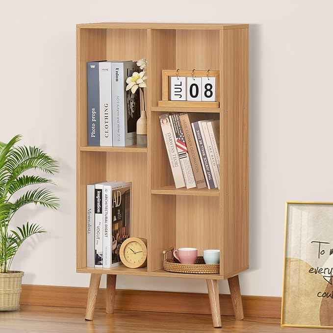 LEYAOYAO Wooden 5 Cube Bookshelf, Natural 3 Tier Book Shelf with Legs, Modern Open Storage Organizer,Boho Bookcase,Display Cabinet Shelf Free Standing Bookshelves for Bedroom,Living Room,Study-Ruum Studio Home