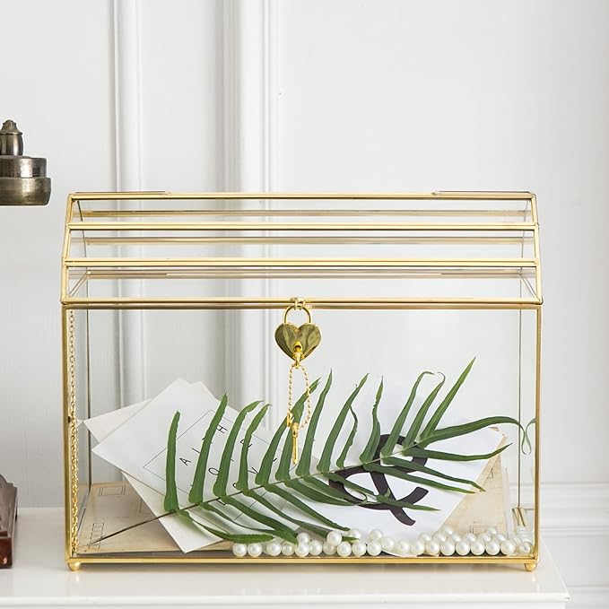 Wedding Card Box with Slot, 12.2'' Large Glass Card Boxes for Reception, Gold Card Holder, Clear Decorative Storage Box with Lock for Baby Shower, Birthday Party, Christmas, Bridal Shower-Ruum Studio Home