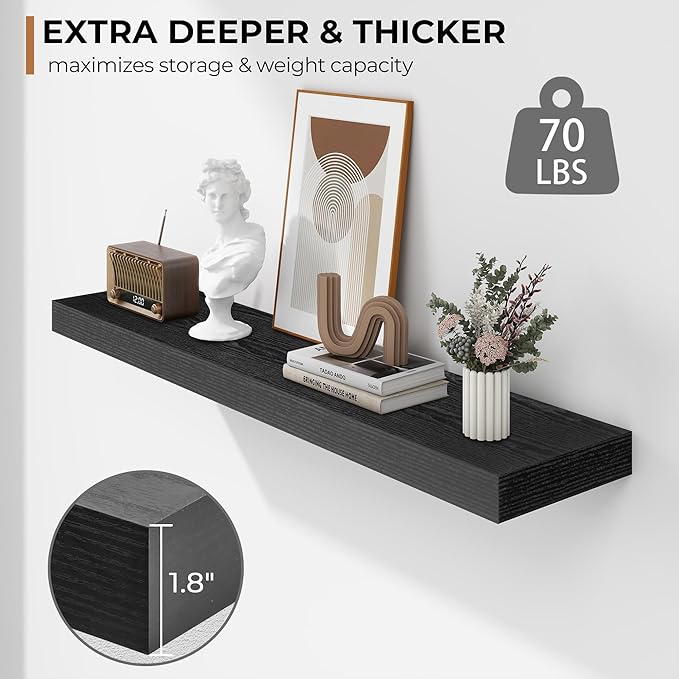 Fun Memories 36 Inch Floating Shelves - Deep Rustic Black Wooden Wall Shelves - Extra Deeper & Thicker Wall Mounted Storage Shelf for Bedroom, Kitchen, Farmhouse - 2 Pack, Rustic Black-Ruum Studio Home