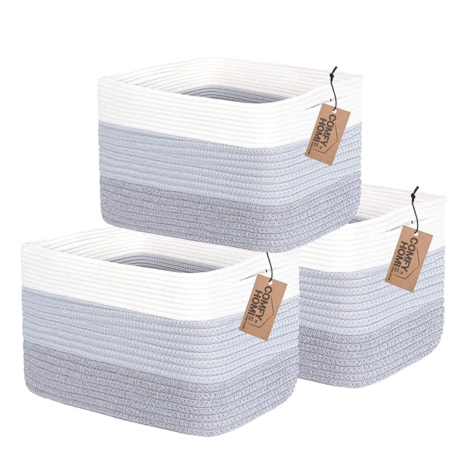 COMFY-HOMI 3PACK Cotton Rope Woven Basket With Handles for Shelves, Toy, Book, Cloth Storage Basket for Organizing|13.5" x 11" x 9.5" Decorative Nursery Cube Bin for Living Room（White / 3-Tone Grey）-Ruum Studio Home