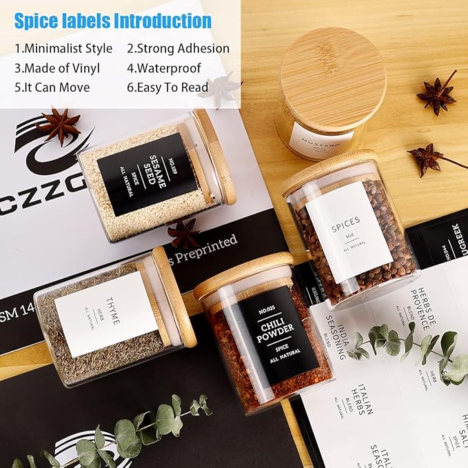 12 Pcs Glass Spice Jars With 296 Spice Labels Preprinted of White and Black Color- 6oz Thicken(2.4mm) Spice Containers With Bamboo Airtight Lids - Empty Small Herb Seasoning Jars-Ruum Studio Home
