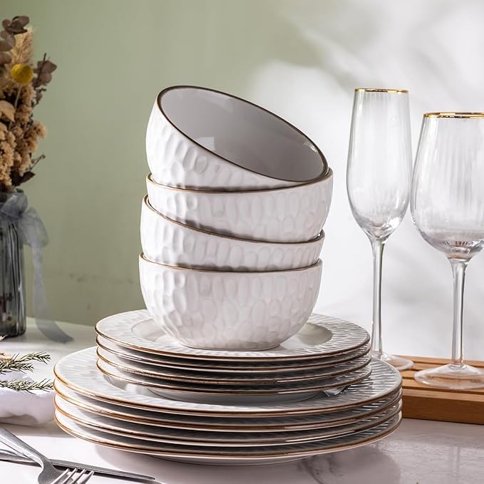 GBHOME Ceramic Dinnerware Sets,18 pcs Embossed Elegant Stoneware Plates and Bowls Sets, Housewarming Wedding Gift | Dishwasher & Microwave Safe | Dishes Set Service for 6-Ruum Studio Home