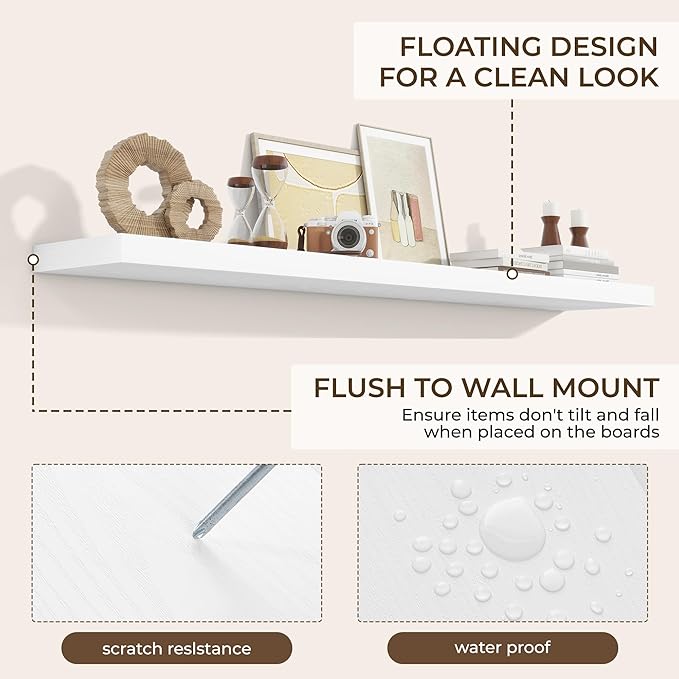 RICHFOCUS 72Inch Floating Shelves for Wall 2 Pack Shelves for Bedroom|Kitchen|Bathroom Wall Mounted Rustic Wood Floating Shelf with Invisible Brackets for Books|Storage|Decor, White-Ruum Studio Home