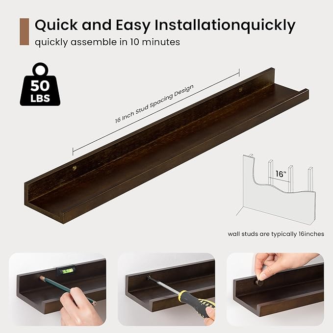 Picture Ledge Shelf, Solid Pine Wood Floating Shelves Set of 2, 24 Inches Nursery Book Shelves for Toys Storage, Kids Bookshelf Wall Mounted for Living Room Bedroom Decor Books Photo Frames, Walnut-Ruum Studio Home