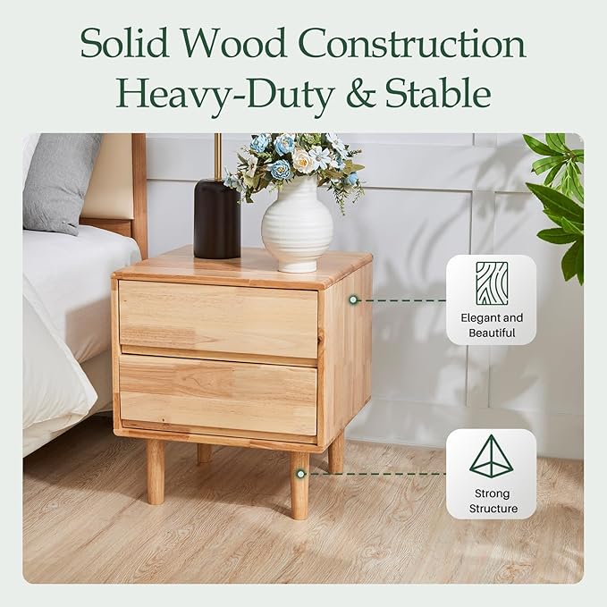 Modern Solid Wood Nightstand with Drawers - Mid Century Modern 2 Drawer Natural Wooden Small Narrow Nightstand Bedside Side End Table with Storage for Living Room Bedroom, 15.7" D x 17.1" W x 19.6" H-Ruum Studio Home