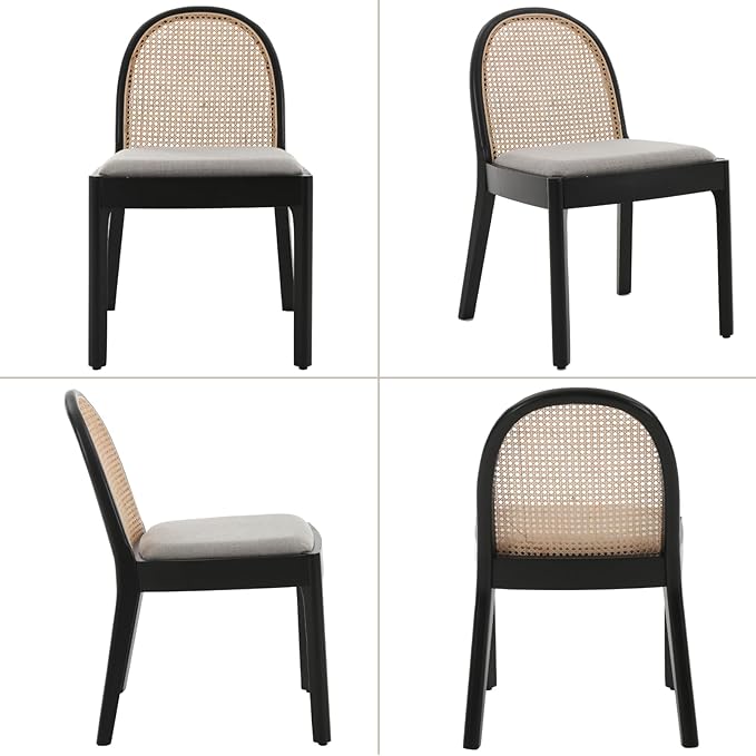 Mid Century Dining Chairs Set of 6, Accent Rattan Side Chairs Linen Fabric Kitchen Chair with Solid Wooden Legs for Living Room Dining Room, Grey-Ruum Studio Home