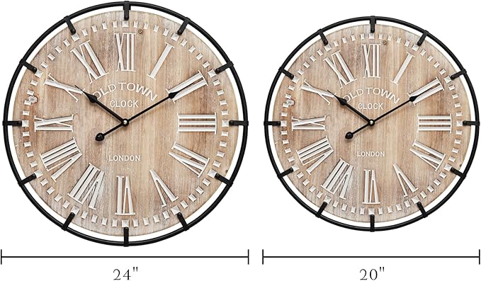 20 Inch Grand Farmhouse Wall Clock, Vintage-Inspired Wood & Metal Design with Large Etched Numbers, Silent Battery-Powered Timepiece for Offices, Kitchens, Bedrooms, and Living Rooms-Ruum Studio Home