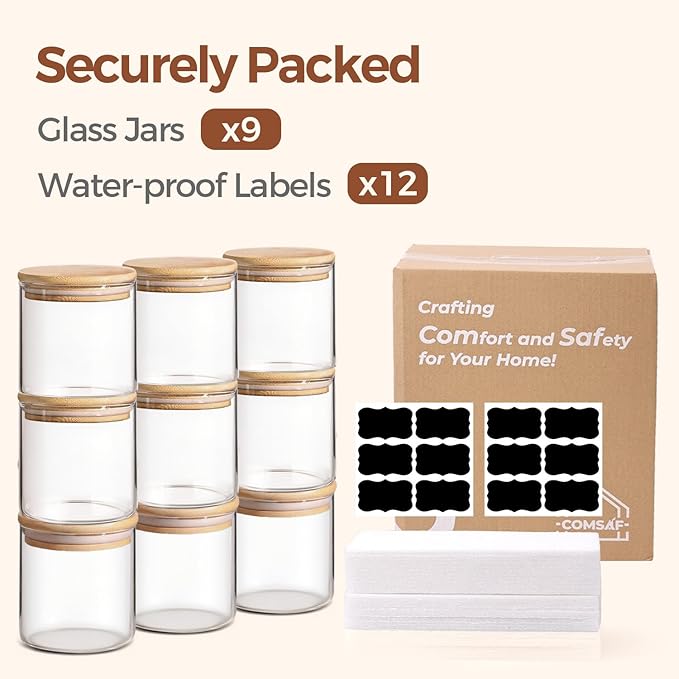 ComSaf 0.6 Qt Glass Food Storage Jars Set of 9, Clear Glass Storage Containers with Lids, Pantry Organization Jar, Spice, Blooming Tea, Oat, Coffee and Sugar Container, Small Canister Set for Kitchen-Ruum Studio Home