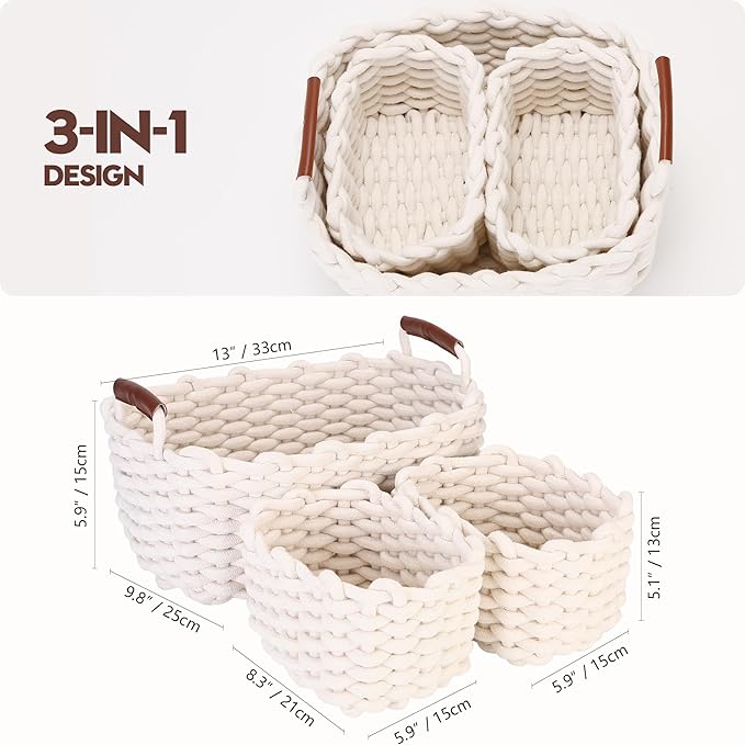 Sea Team 3-Pack Rectangle Woven Cotton Rope Storage Baskets with Handles, Shelf Basket, Closet Organizers, 3-in-1, White-Ruum Studio Home