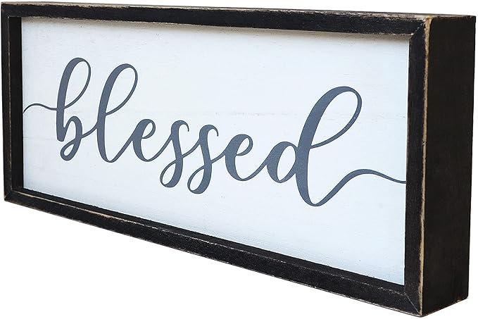 Rustic Blessed Freestanding Sign Home Decor for Living Room - Farmhouse Framed Blessed Wall Art Solid Wood Grey 12x5 Inches-Ruum Studio Home