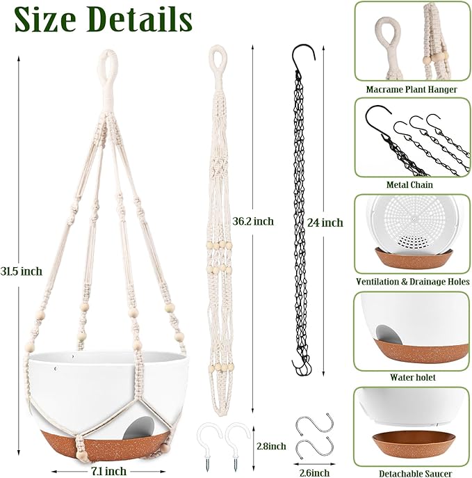 Hanging Planters for Outdoor Indoor Plants, 2 Pack 12 Inch Hanging Basket Plants Outdoor, Self Watering Hanging Planter with Plant Hanger for Garden Home Decoration (2 Type Plant Hangers White)-Ruum Studio Home