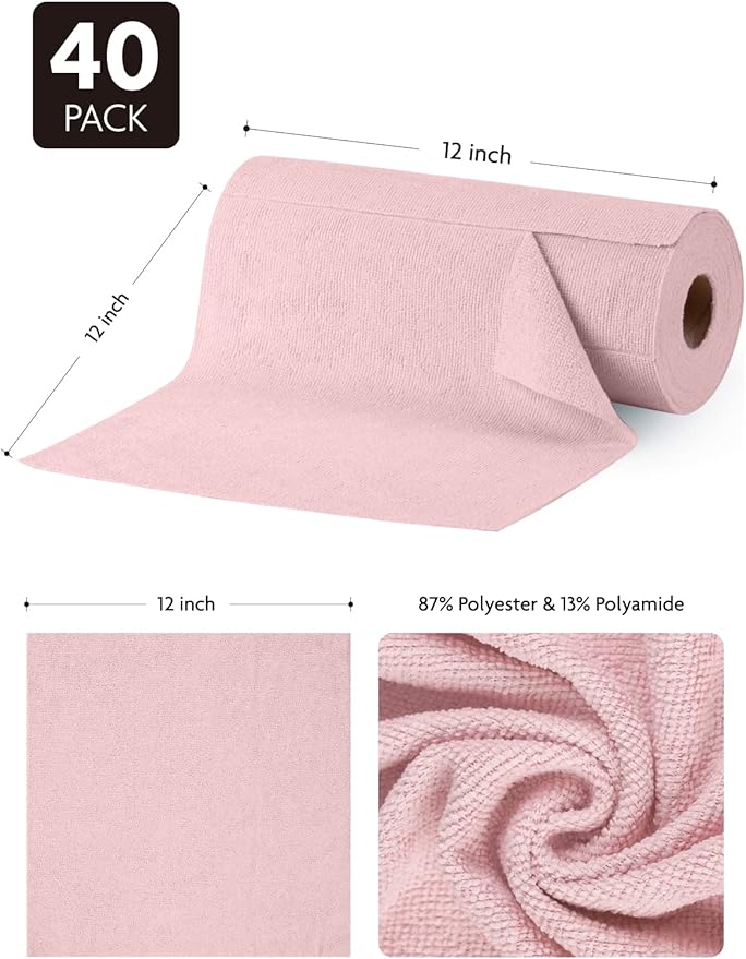 Fantasticlean Microfiber Cleaning Cloth Roll -40 Pack, Tear Away Microfiber Towels, 12" x 12", Reusable, Washable, Scratch Free, Ultra Absorbent Dish Rags for Car, Home, Garage or Shop (Pink)-Ruum Studio Home