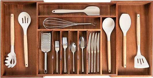 Premium Silverware, Flatware and Utensil Organizer for Kitchen Drawers, Food-Safe Contract Grade, Expandable from 18 to 33 In, Natural Acacia-Ruum Studio Home