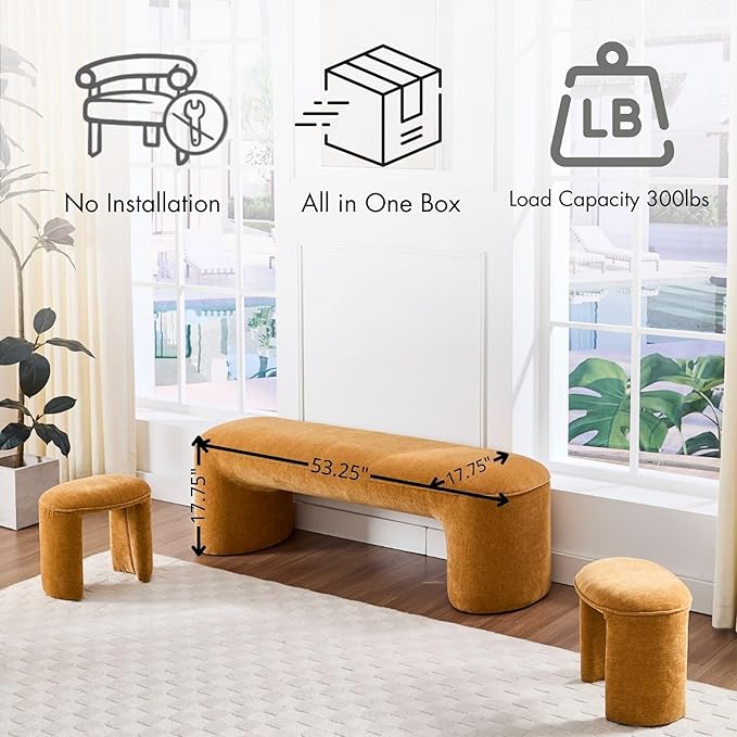 3-Piece 53" Comfy Upholstered Dining Bench with 2 Ottomans, Accent Waterfall Bench Modern End of Bed Entryway Bench Vanity Stool，Pumpkin Chenille-Ruum Studio Home