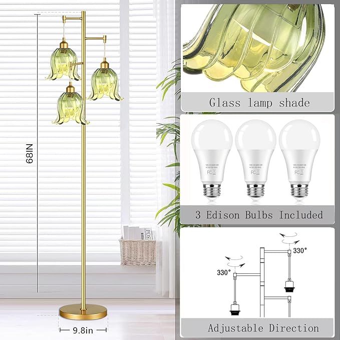Gold Floor Lamp for Living Room,Bedroom,Tree 3 Light Standing Lamp Mid Century Modern Brass Tall Floor Lamps Vintage Retro Floor Lights Green Glass Flower Lamp Shade Farmhouse Boho Bohemian-Ruum Studio Home