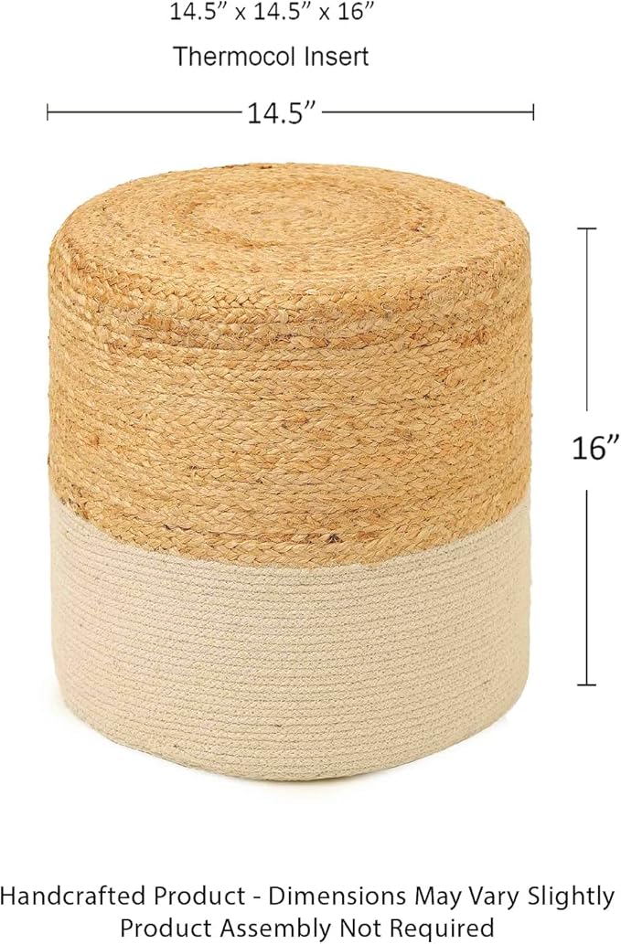 REDEARTH · Cylindrical Pouf Foot Stool Ottoman - Jute Braided Accent Sitting Footrest for The Living Room, Bedroom, Nursery, Patio, Lounge Set of 2 (14.5”x14.5”x16”; Natural Ivory)-Ruum Studio Home