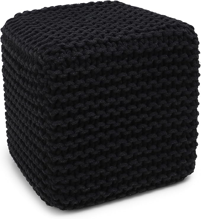 REDEARTH Cube Pouf Foot Stool Ottoman - Hand Knitted Poof - Cord Boho Pouffe - Home Décor - Stuffed Footrest for Living Room - Bedroom - Covered Patio (16" x 16" x 16") - Black-Ruum Studio Home