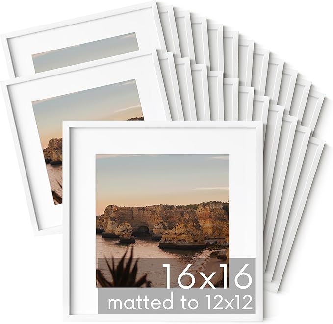 HAUS AND HUES 16x16 White Metal Picture Frames Matted to 12x12 - Features Premium Aluminum & Hanging Hardware, Shatterproof Plexiglass - Ideal for Home, Room, Office (16x16 in, White, Set of 25)-Ruum Studio Home