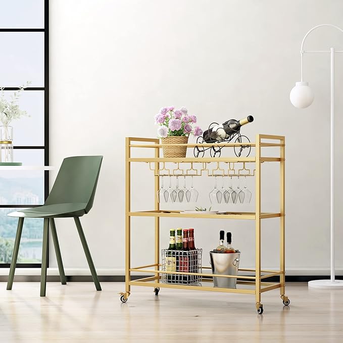 Glass Gold Bar Carts for Home with Hanging Wine Rack - Home Bar Serving Cart with 3 Mirrored Shelves, Kitchen Bar Carts, Wine Cart for Entertaining, Club Party.-Ruum Studio Home