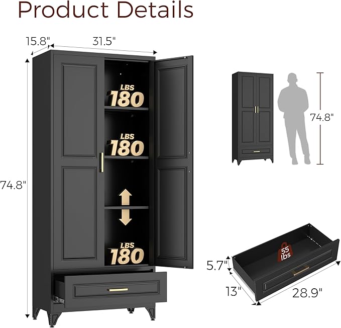 75" Kitchen Pantry Cabinet with Drawer, Metal Storage Cabinets with Doors and Adjustable Shelves, Black Tall Pantry Cabinet for Dinning Living Room, Home Office-Ruum Studio Home