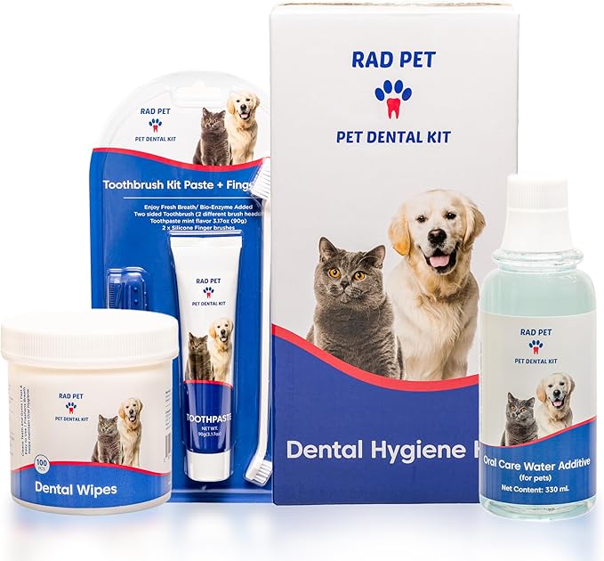 RAD PET - Advanced Pet Dental Hygiene Kit, Vet-Formulated Cat & Dog Tooth Brushing Kit, Complete Oral Care with Cat/Dog Toothbrush and Toothpaste (Enzymatic), Pet Dental Wipes & Water Additive-Ruum Studio Home