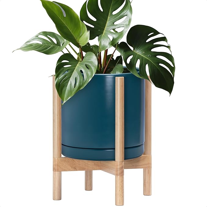 D'vine Dev Ceramic Planter with Natural Stand - 12 Inch Modern Round Flower Pot with Wood Planter Holder, Teal, 55-B-J-4-Ruum Studio Home