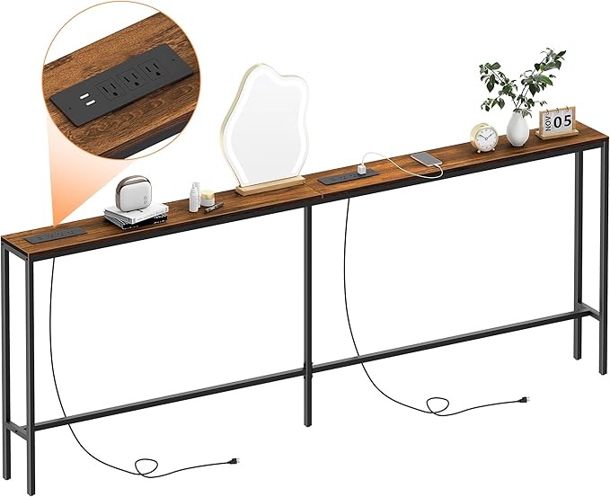 80.7'' Narrow Sofa Table with 2 Power Outlets (6 AC Outlets & 4 USB Ports), Thin Console Tables Narrow Long, Behind Couch Table Skinny for Entryway, Living Room, Hallway, Foyer, Rustic Brown-Ruum Studio Home