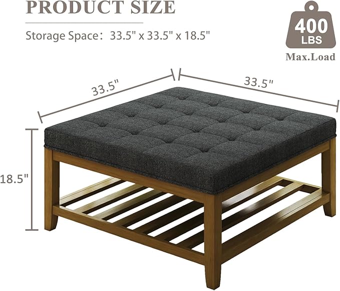 Large Square Ottoman Coffee Table, Linen Solid Upholstered Footrest Ottoman with Solid Wood Shelf Storage Tufted Coffee Table for Bedroom Living Room, Dark Gray-Ruum Studio Home
