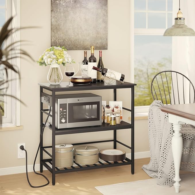 IBUYKE Kitchen Island with Storage, Bakers Rack with Power Outlet,Microwave Stand with Large Worktop,Rolling Bar Cart for Home, Outdoor, Kitchen,Black TMJ029B-Ruum Studio Home