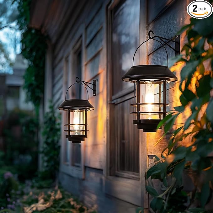 Otdair Solar Lanterns Outdoor Waterproof 2 Pack, Auto On/Off Hanging Solar Lights for Outside with Wall Mount, Glass Outdoor Lighting Outdoor Decorative for Wall, Front Porch, Yard, Garden, Fence-Ruum Studio Home