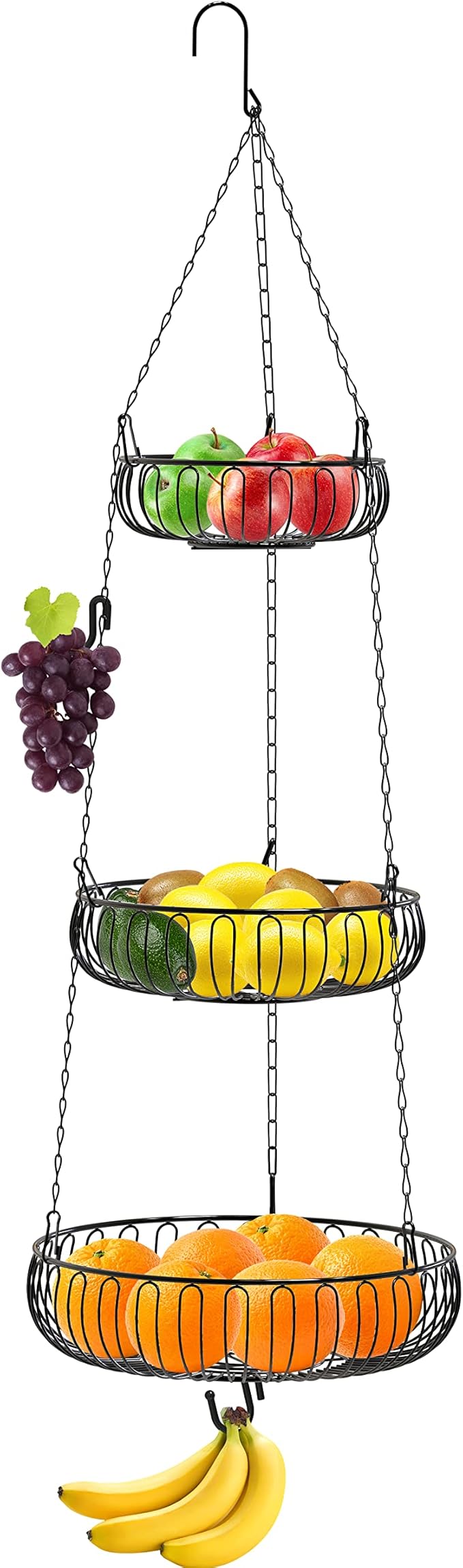Simple Houseware Adjustable Metal Hanging Fruit Basket, Oblate, Black, 11" W x 11" L x 30" H-Ruum Studio Home