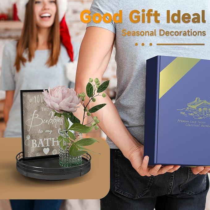 9" Oak Bathroom Vanity Tray Turntable for Perfume Candle, Round Wooden Decorative Tray for Kitchen Sink Countertop Organizer, Bathroom Counter Organizer for Skincare Makeup, Farmhouse Black Gold-Ruum Studio Home
