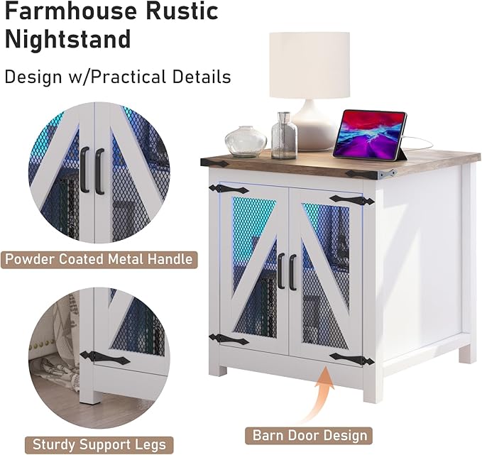 Farmhouse End Table, 24" Large Sofa Side Table with Charging Station, Mesh Barn Door, and Adjustable Storage Shelf, Rustic Wood Square Nightstand for Living Room, Bedroom, Office, White &Brown-Ruum Studio Home