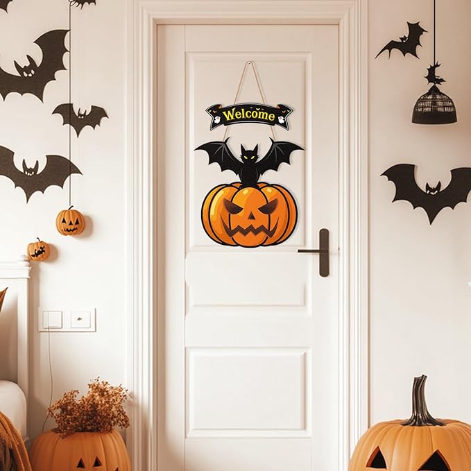 Halloween Door Wreath,Halloween Wall Decorations Wooden Black Bats Pumpkin Halloween Wreaths for Front Door, Halloween Door Decorations Indoor Outdoor Sign-Ruum Studio Home