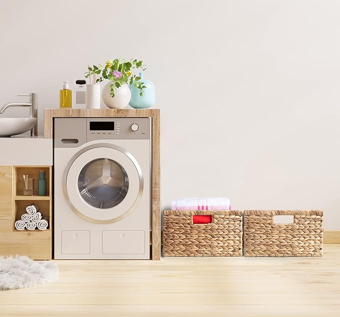 Large 14.5” x 13.5” x 8” (Set of 3) Natural Water Hyacinth Woven Storage Baskets, Rectangular Wicker Basket with Built-in Handles, Large (Natural)-Ruum Studio Home