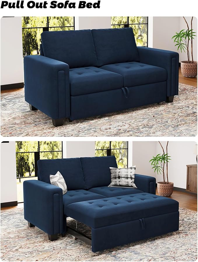 Belffin Modular Sectional Sleeper Sofa with Pull Out Couch Bed Modular Sleeper Loveseat Sectional Sofa Velvet Fabric for Living Room Apartment Blue-Ruum Studio Home