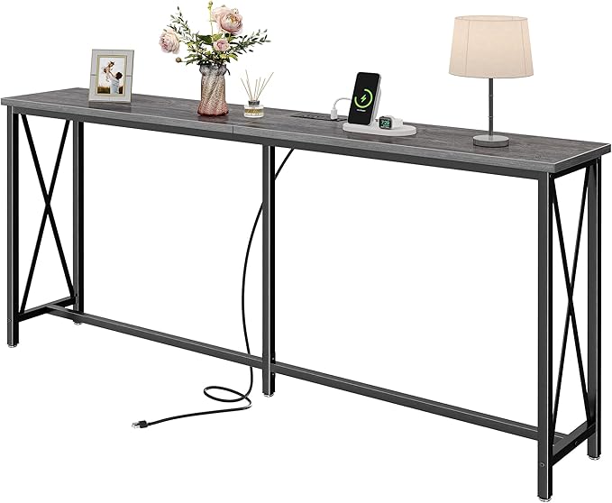 SUPERJARE 70 Inch Console Table with Outlets and USB-C Port, Extra Long Behind Couch Sofa Table with X-Shaped Design, Narrow for Entryway, Living Room, Metal Frame, Wooden Top, Grey-Ruum Studio Home