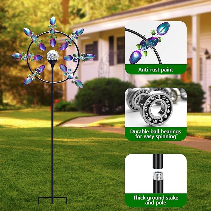 Large Solar Wind Spinners for Yard Art Garden-67 Inch 360° Metal Wind Sculptures Outdoor Clearance Kinetic Windmills with Multi Color Led Glass Ball-Ruum Studio Home