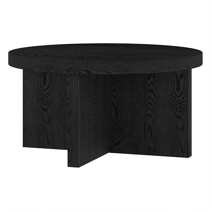 Henn&Hart 33" Round Wood Pedestal Low-Profile Coffee Table for Living Room, Family Room, Office or Apartment, Black Grain-Ruum Studio Home